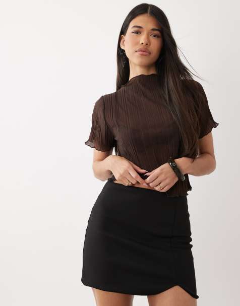 ASOS DESIGN sheer plisse high neck tee in chocolate - view 1