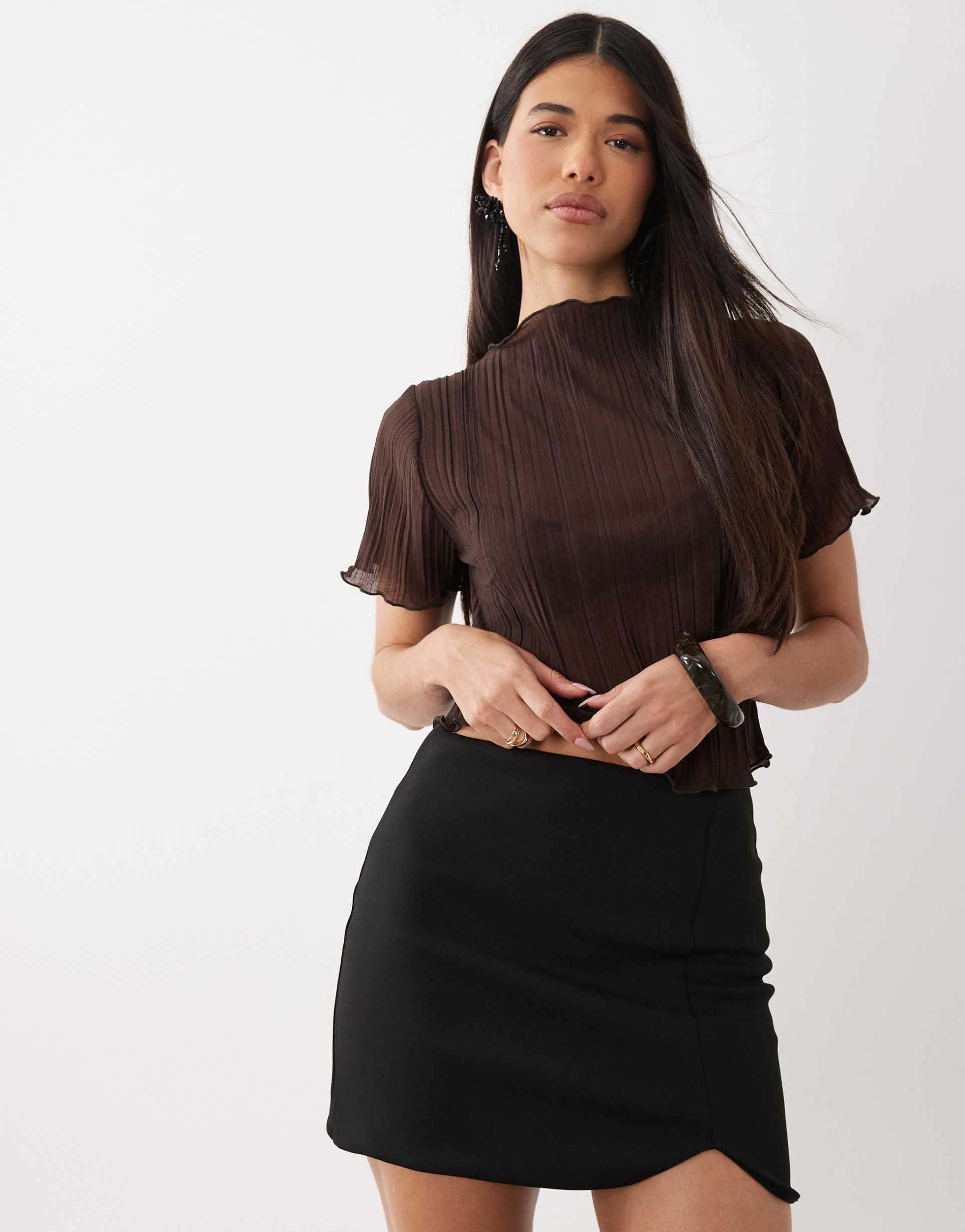 asos design sheer plisse high neck tee in chocolate