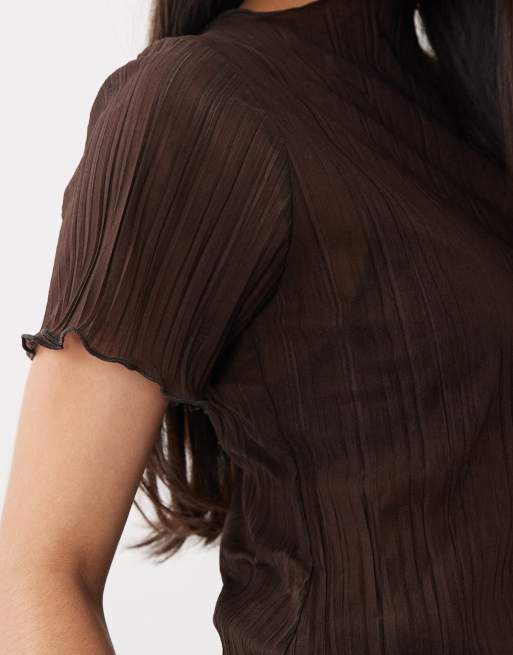 ASOS DESIGN sheer plisse high neck tee in chocolate, 3 of 4