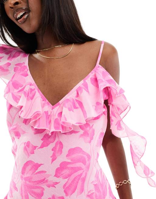 Pink Sheer Lace Ruffle Detail Strappy Top