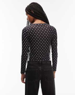 Asos Design Sheer Polka Dot Button Up Neat Fit Top In Blue