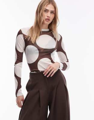Asos Design Sheer Printed Spot Crew Neck Top In Brown