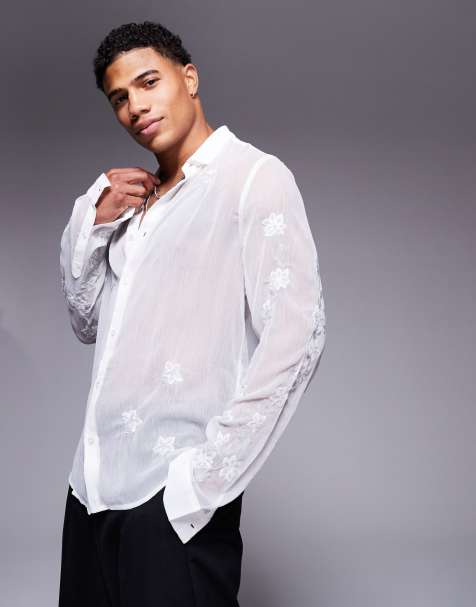 ASOS DESIGN sheer regular shirt with floral embroidery in white - view 1