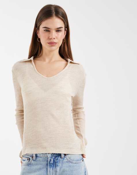 ASOS DESIGN sheer rib collared long sleeve with v neck top in cream