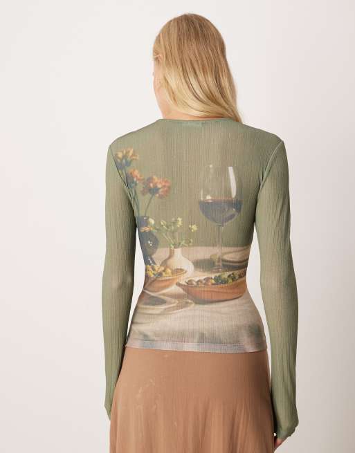 ASOS DESIGN sheer rib knit dinner party scene graphic printed top in olive
