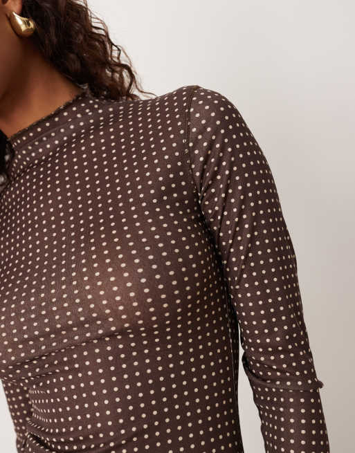 ASOS DESIGN sheer rib long sleeve top in choc polka dot, 3 of 4