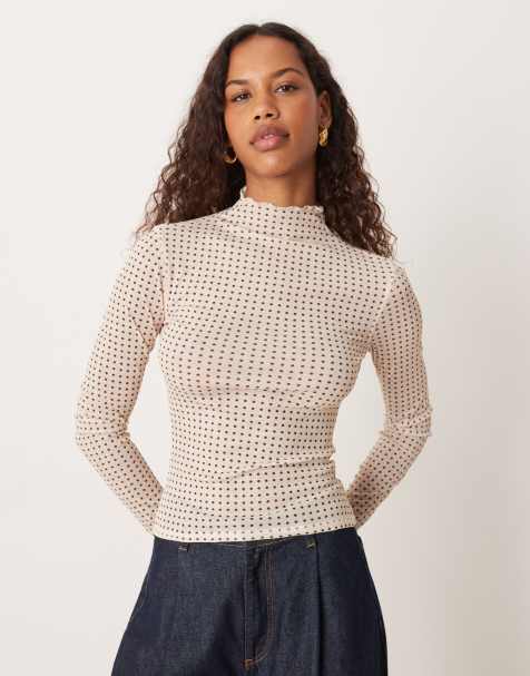 ASOS DESIGN sheer rib long sleeve top in cream polka dot - view 1
