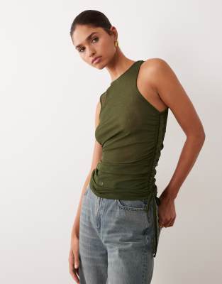 Asos Design Sheer Rib Sleeveless Top With Ruched Ties In Green
