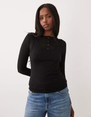 ASOS DESIGN sheer ribbed long sleeve double layer top in black