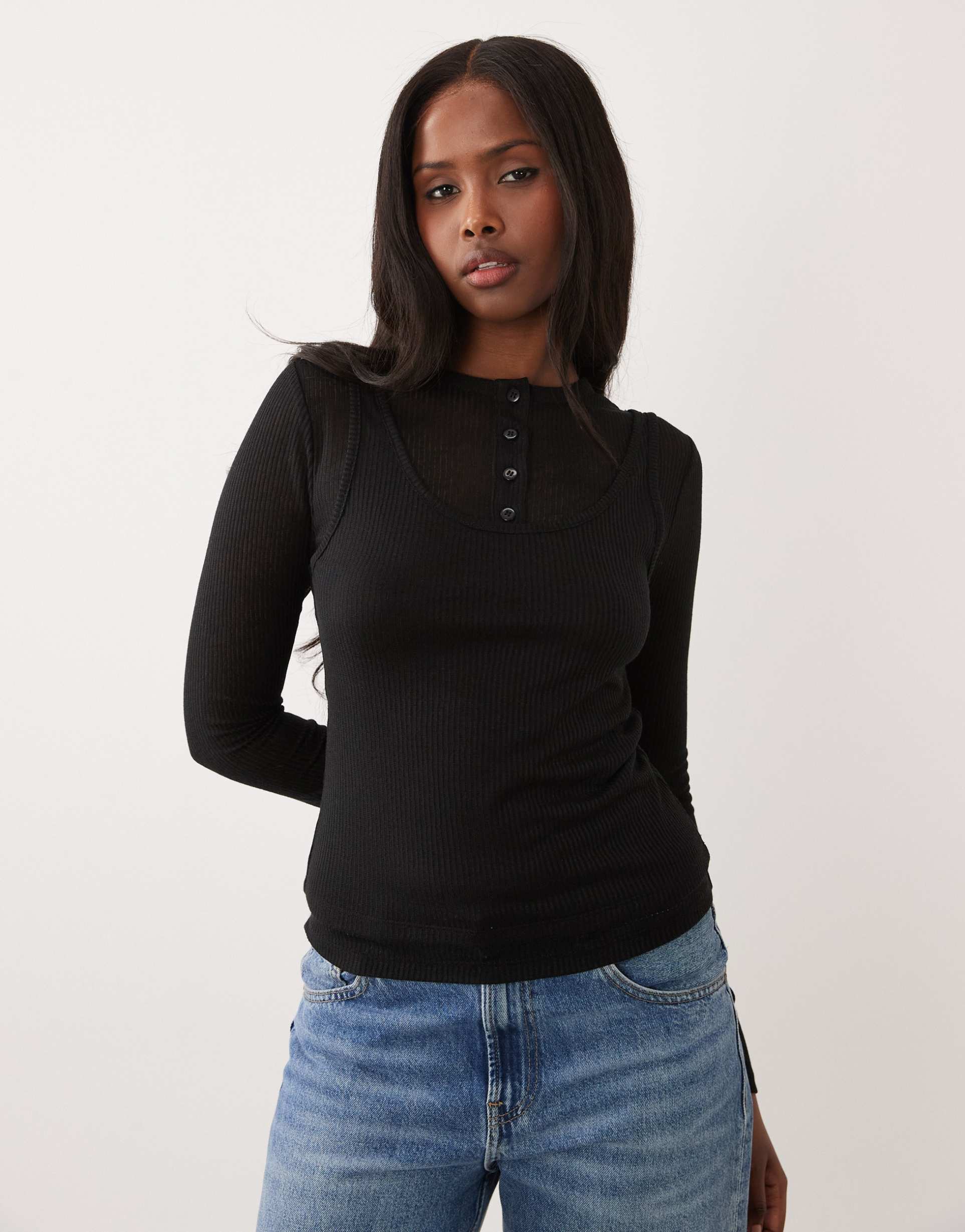 asos design sheer ribbed long sleeve double layer top in black