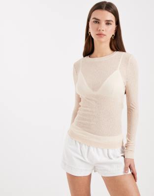 Asos Design Sheer Ribbed Long Sleeve Pajama Top In Neutral