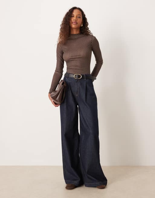 ASOS DESIGN sheer ribbed long sleeve top in chocolate polka dots