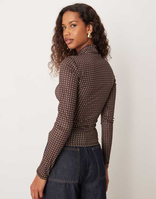 ASOS DESIGN sheer ribbed long sleeve top in chocolate polka dots