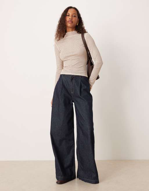 ASOS DESIGN sheer ribbed long sleeve top in cream polka dots