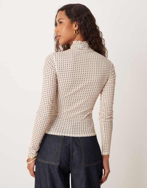 ASOS DESIGN sheer ribbed long sleeve top in cream polka dots