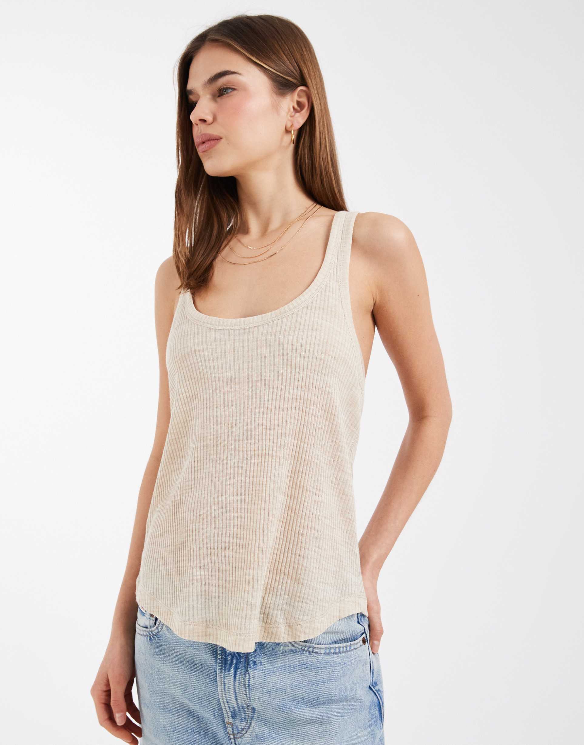 asos design sheer ribbed scoop neck tank top in cream