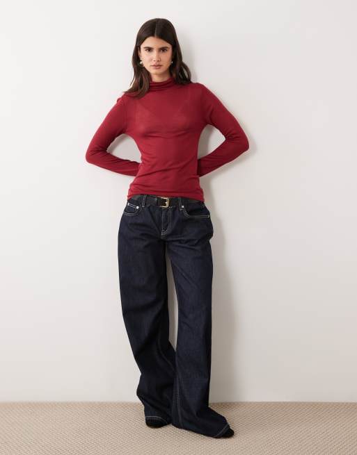 ASOS DESIGN sheer roll neck in burgundy, 2 of 4