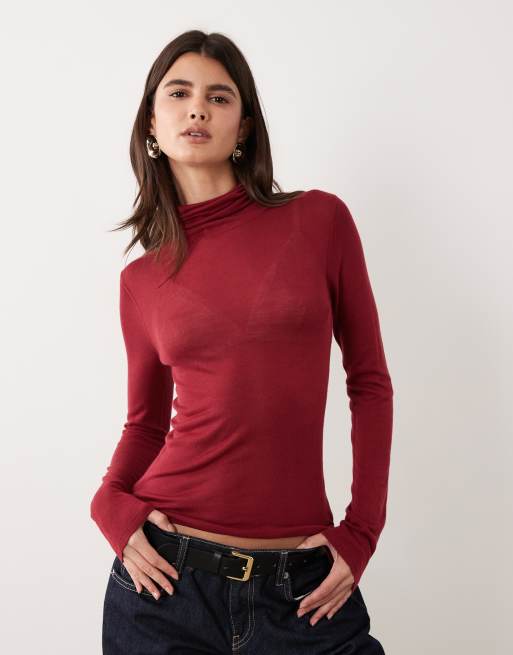 ASOS DESIGN sheer roll neck in burgundy, 3 of 4