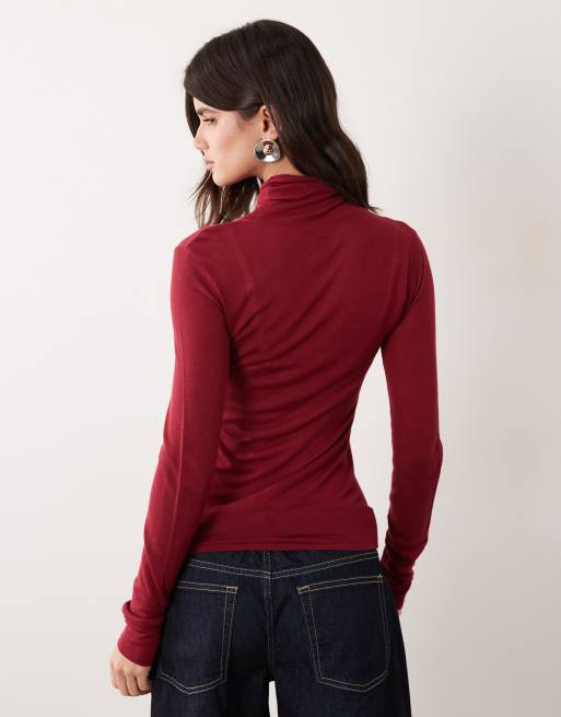 ASOS DESIGN sheer roll neck in burgundy, 4 of 4