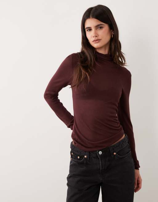 ASOS DESIGN sheer roll neck in chocolate, 3 of 4