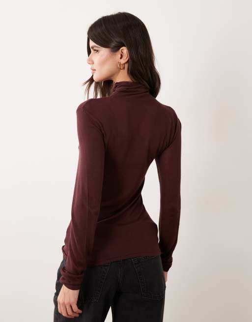 ASOS DESIGN sheer roll neck jumper in chocolate, 4 of 4