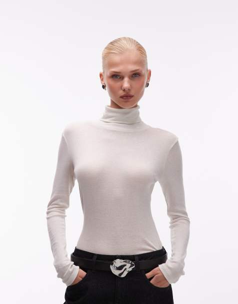 ASOS DESIGN sheer roll neck longline top in cream - view 1