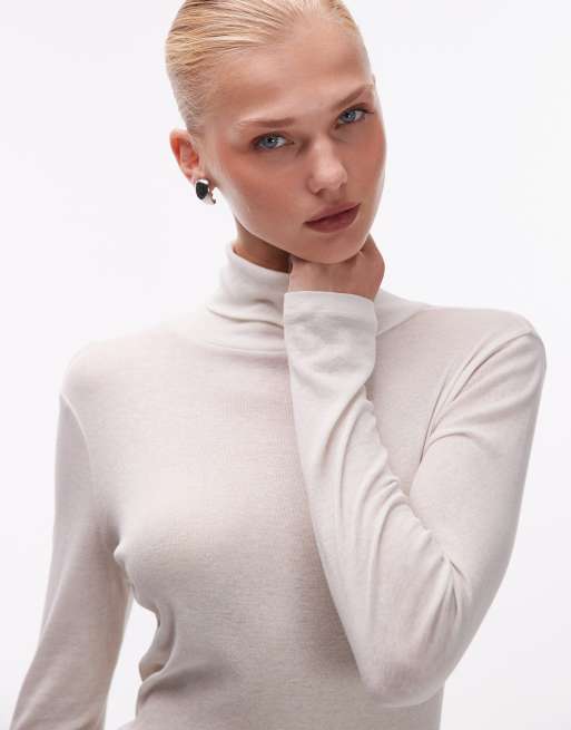 ASOS DESIGN sheer roll neck longline top in cream, 4 of 4