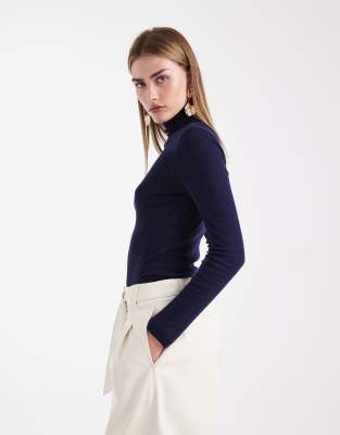 ASOS DESIGN sheer roll neck longline top in navy-White