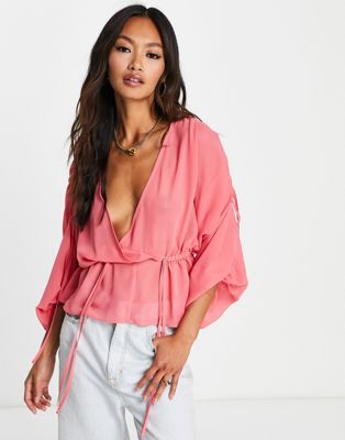Shop Asos Design Sheer Ruched Shoulder Blouse With Frill Hem In Pink
