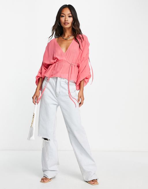 ASOS DESIGN sheer ruched shoulder blouse with frill hem in pink