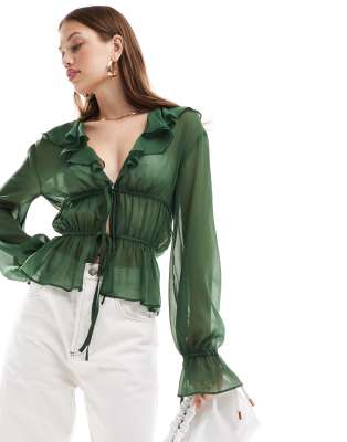 sheer ruffle chiffon blouse with tie front in green