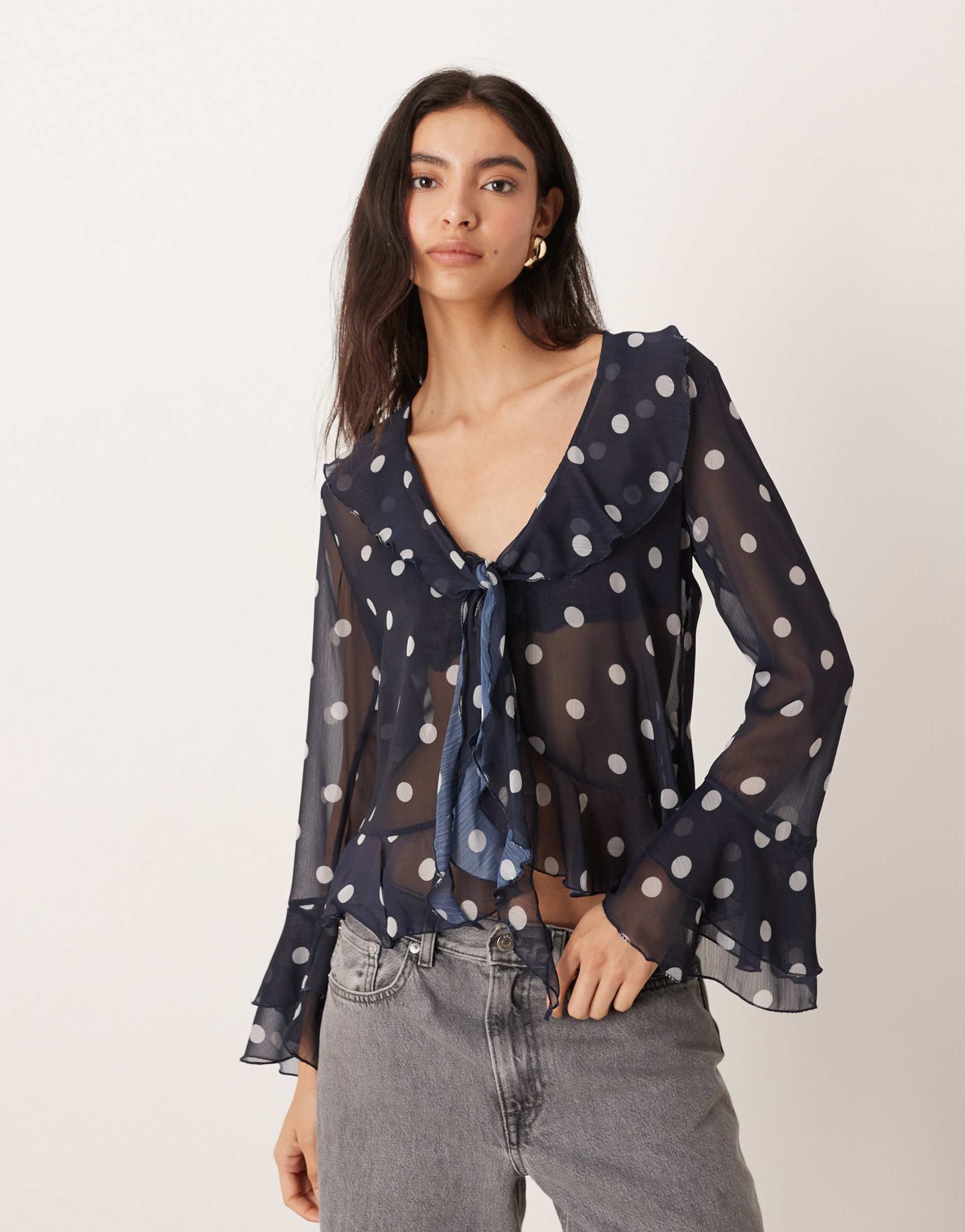 asos design sheer ruffle detailing blouse