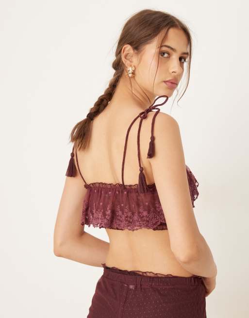ASOS DESIGN sheer ruffle lace trim bralet top in berry - part of a set, 3 of 4