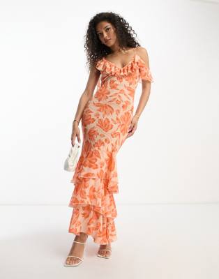 ASOS DESIGN sheer ruffle shoulder asymmetric hem maxi dress in orange  floral jacquard