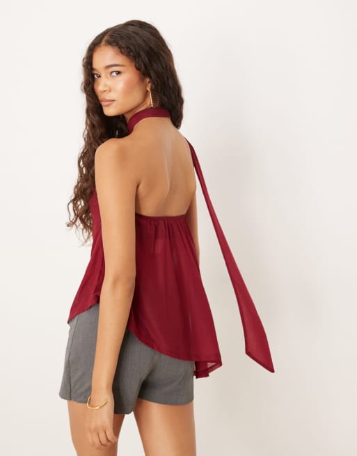 ASOS DESIGN sheer scarf detail asym longline top in burgundy