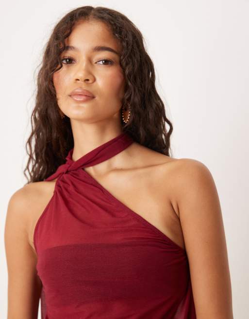 ASOS DESIGN sheer scarf detail asym longline top in burgundy
