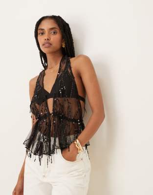 Asos Design Sheer Scattered Sequin Mesh Halter Top In Black