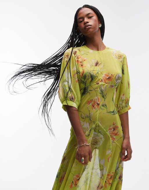 ASOS DESIGN sheer seam detail maxi tea dress in green vintage floral | ASOS