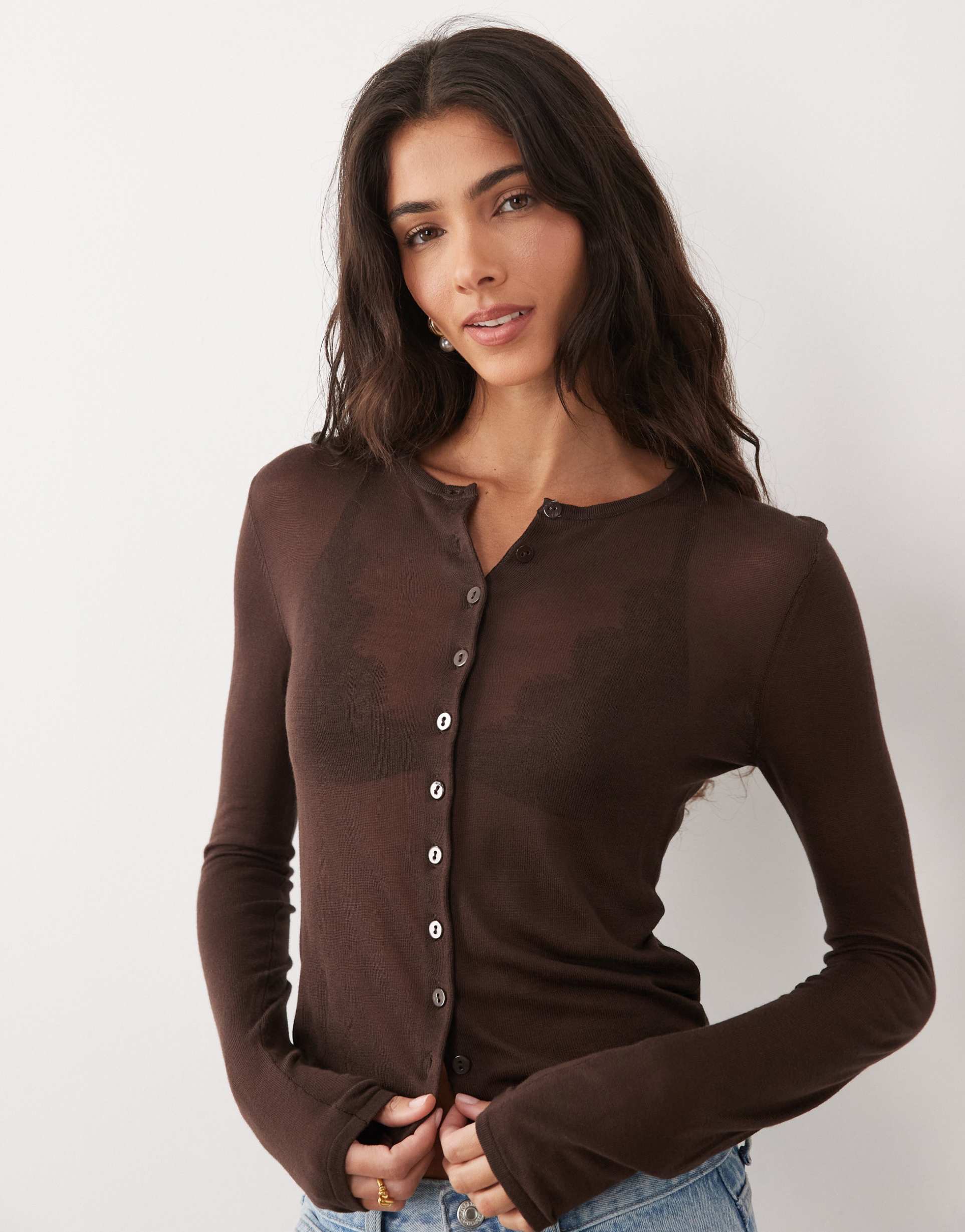 asos design sheer second skin cardigan in chocolate