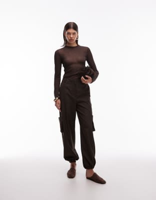 Asos Design Sheer Second Skin Gauzy Mesh Long Sleeve Top In Brown