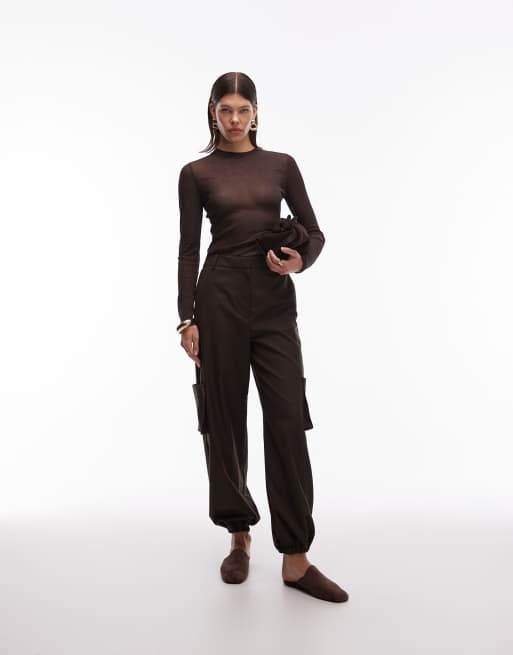 ASOS DESIGN sheer second skin gauzy mesh long sleeve top in chocolate brown