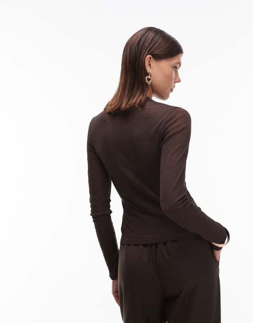 ASOS DESIGN sheer second skin gauzy mesh long sleeve top in chocolate brown