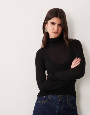 Asos Design Sheer Second Skin Knit Turtle Neck Top In Black