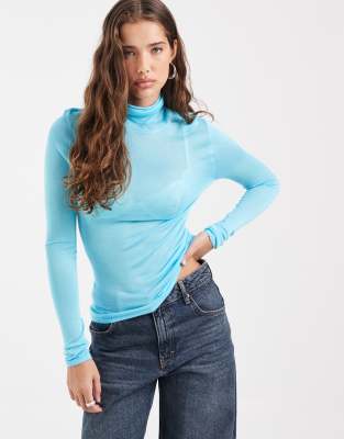 Asos Design Sheer Second Skin Knit Turtle Neck Top In Blue