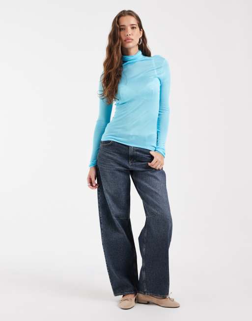 ASOS DESIGN sheer second skin knit turtleneck top in turquoise , 2 of 4