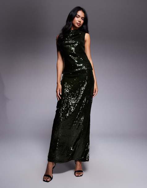 ASOS DESIGN sheer sequin cowl neck co-ord top in olive - view 1