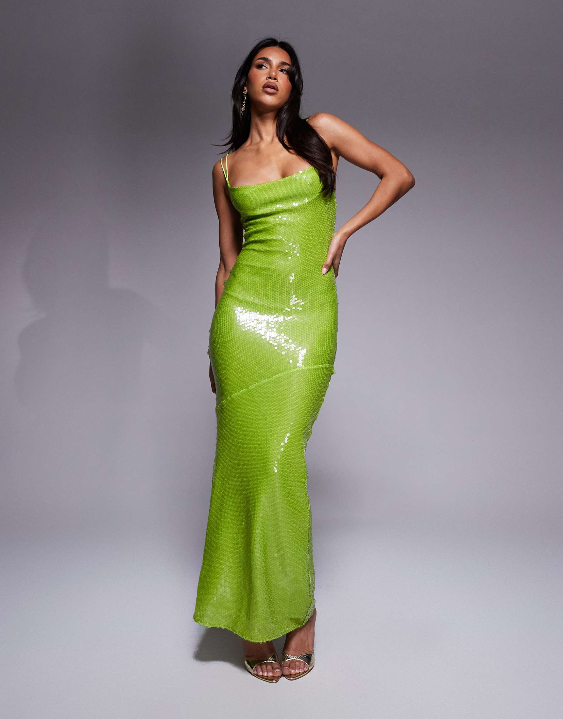 asos design sheer sequin cowl neck maxi dress with strappy back in lime green