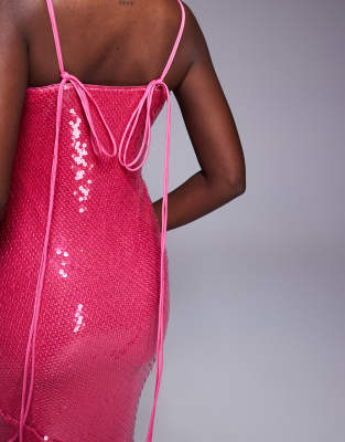 Asos Design Sheer Sequin Cowl Neck Maxi Dress With Strappy Back In Pink