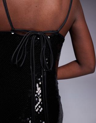 Asos Design Sheer Sequin Cowl Neck Mini Dress With Strappy Back In Black