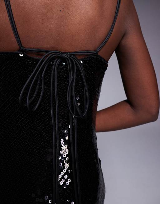 ASOS DESIGN sheer sequin cowl neck mini dress with strappy back in black